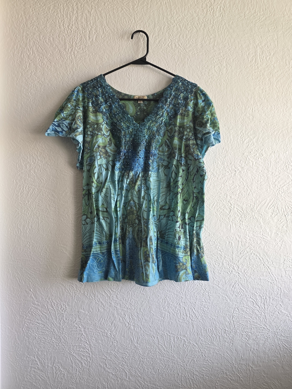 Fairycore Y2K Boho Women's Blue-Green Embellished V-Neck Top